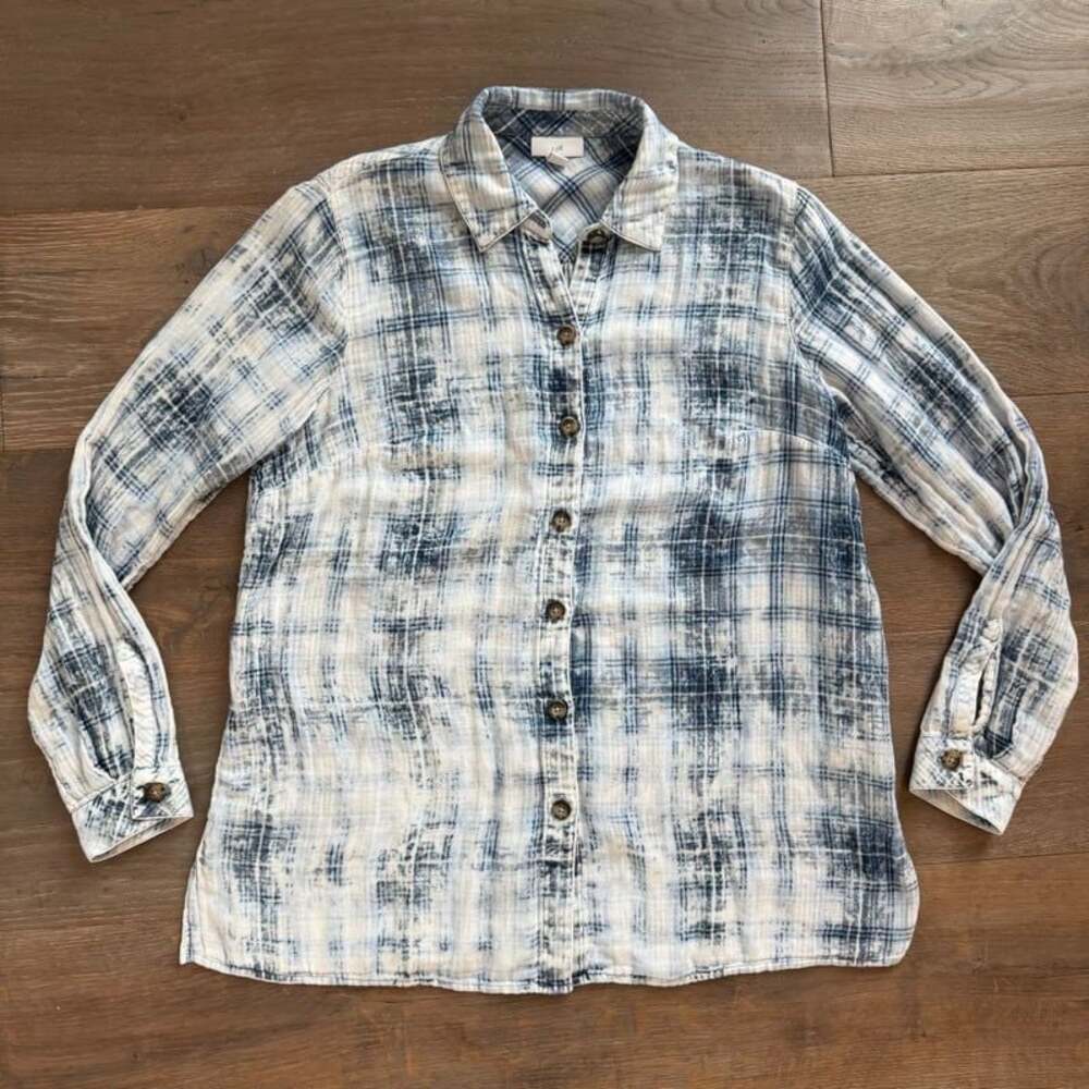 J. Jill Women's Blue Plaid Tie Dye Button Down Soft Relaxed Fit Shirt ~ Size XS